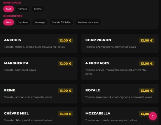 Carte des pizzas du site Favolsa Pizza